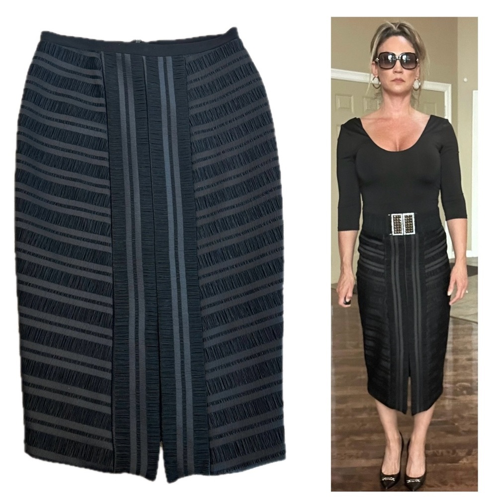 Frank Lyman black textured satin fringe pencil midi skirt Sz 8 classy elegant